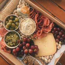 Load image into Gallery viewer, Serves up to 8 people. Medium Grazing Boxes are an intelligent way to conveniently cater any casual or formal event or occasion and contains: Cheese - two hard, one soft Cured meat (200g two varieties - upgrade includes additional 150g) Dip - two variations Antipasti items, dried and fresh fruit (assorted) Including a substantial range of high-quality, locally sourced produce consisting of premium cheese, cold meats, nuts and gluten (unless specified). Grazing Boxes Perth