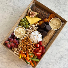 Load image into Gallery viewer, Vegan Grazing Box by Forage & Fromage available in two different sizes comfortably feed 2 up to 10 people. Includes a substantial range of 100% Vegan produce that is where possible, organic and ethically sourced. Choose between our simple yet extremely satisfying 'Regular' or upgrade and include Vegan cheese or dessert inclusions.