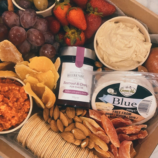 Vegan Grazing Box by Forage & Fromage available in two different sizes comfortably feed 2 up to 10 people.  Includes a substantial range of 100% Vegan produce that is where possible, organic and ethically sourced.   Choose between our simple yet extremely satisfying 'Regular' or upgrade and include Vegan cheese or dessert inclusions. 