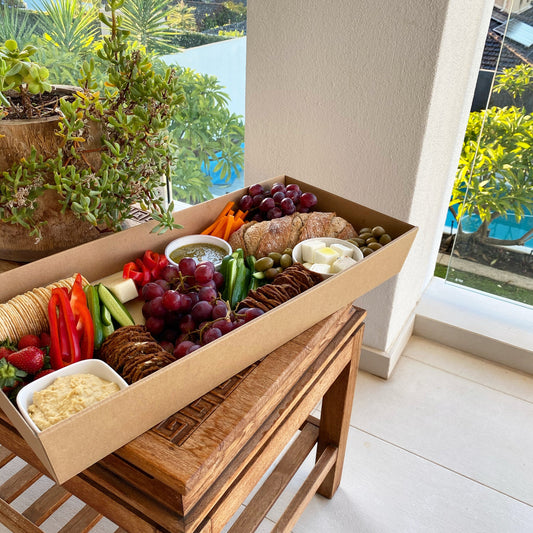 Vegan Grazing Box by Forage & Fromage available in two different sizes comfortably feed 2 up to 10 people.  Includes a substantial range of 100% Vegan produce that is where possible, organic and ethically sourced.   Choose between our simple yet extremely satisfying 'Regular' or upgrade and include Vegan cheese or dessert inclusions. 