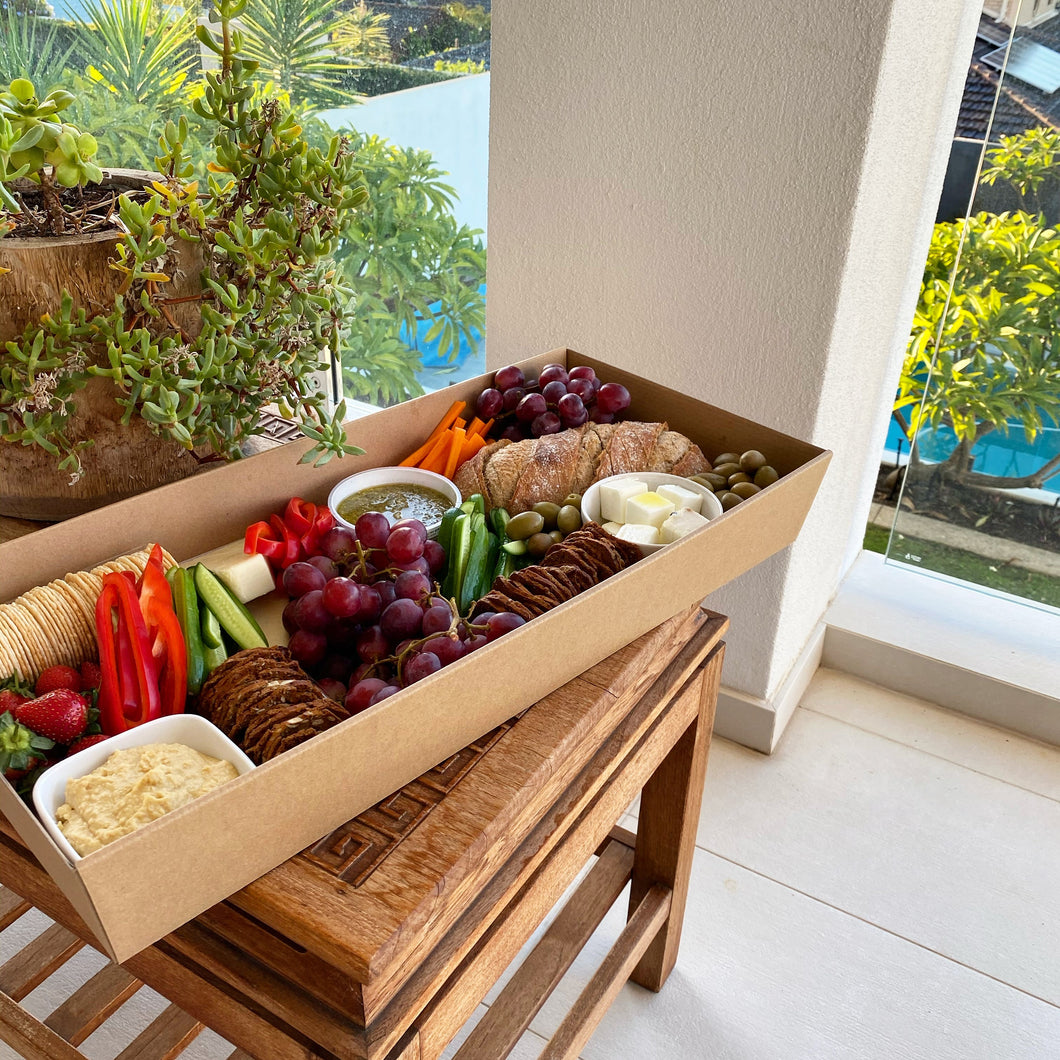 Vegan Grazing Box by Forage & Fromage available in two different sizes comfortably feed 2 up to 10 people.  Includes a substantial range of 100% Vegan produce that is where possible, organic and ethically sourced.   Choose between our simple yet extremely satisfying 'Regular' or upgrade and include Vegan cheese or dessert inclusions. 